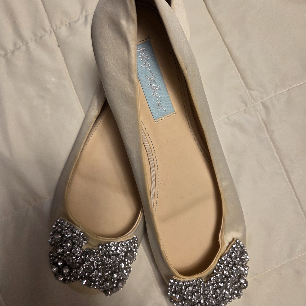 Betsey Johnson Cream Flats with Rhinestone Accents